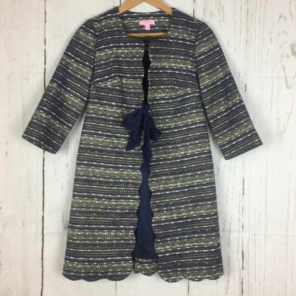 LILLY PULITZER Scalloped Detail Bow Front Tweed Jacket Sz Small Navy and Gold